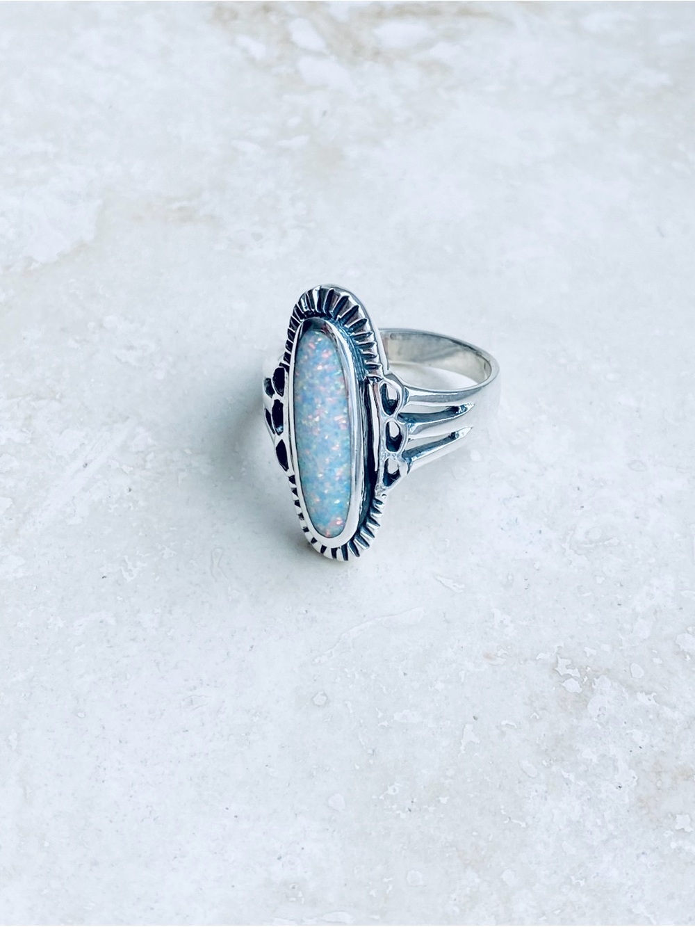 😍TOP SELLER😍 925 Silver Etched White Lab Opal Ring, Statement Boho Silver Rings - Picture 7 of 11
